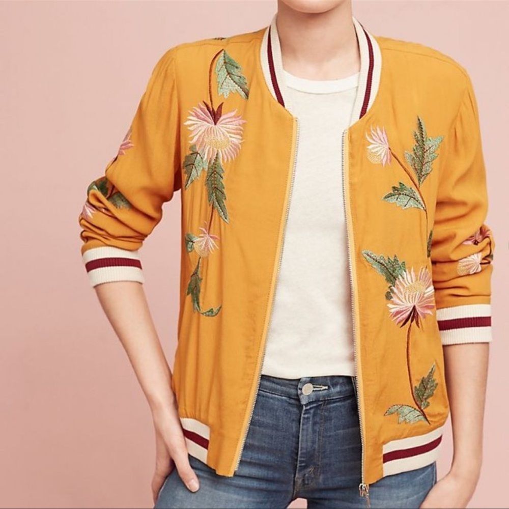 Anthropologie Elevenses Embroidered Solstice Bomber Size Medium Mustard Yellow